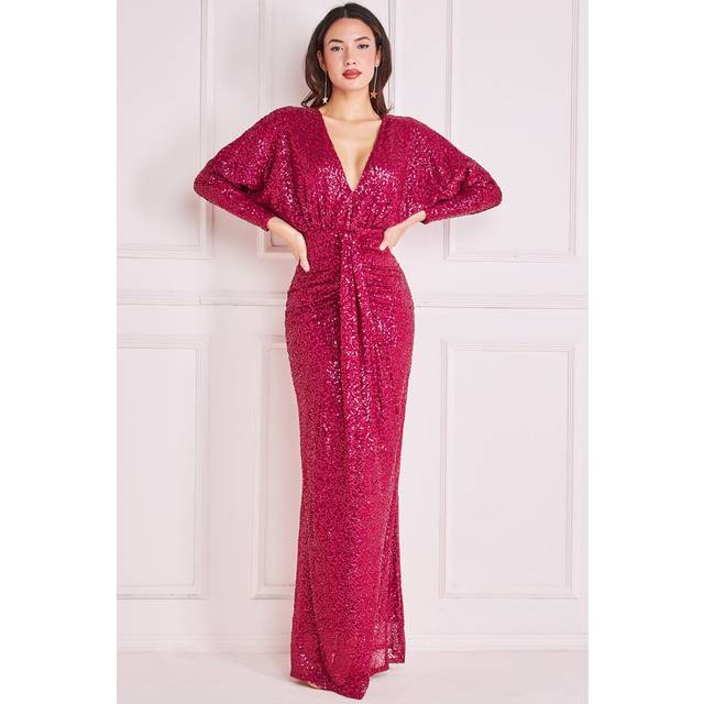 Plunge V-Neck Sequin Maxi - Burgundy by Goddiva - 8