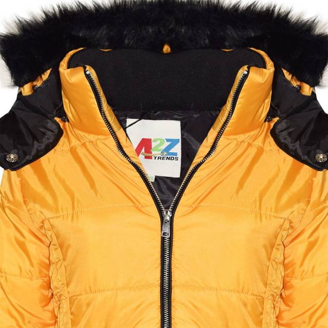 (13 Years) Kids Girls Jacket Mustard Cropped Padded Puffer Bubble Fur Collar Warm Coat 3-13