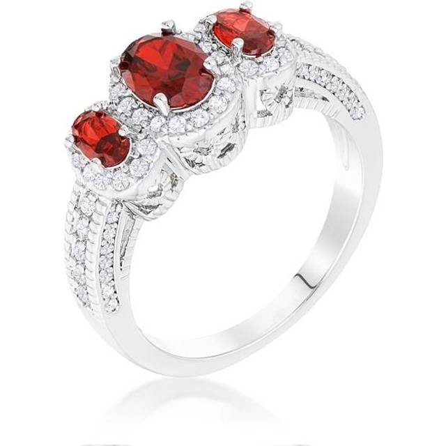 Silvertone Oval-Cut Ruby Red Cubic Zirconia 3-Stone Halo Ring