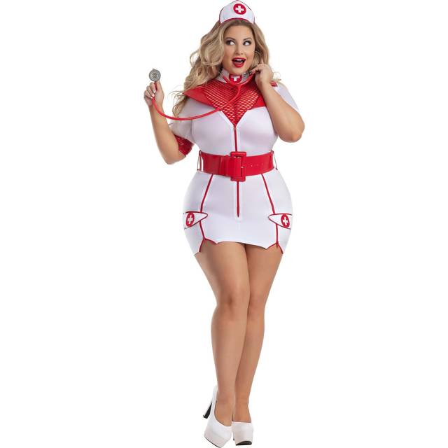 Women's Plus Size Sexy Zip-Up Nurse Costume | Sexy Nurse Costumes - Red&#47;White (3X)