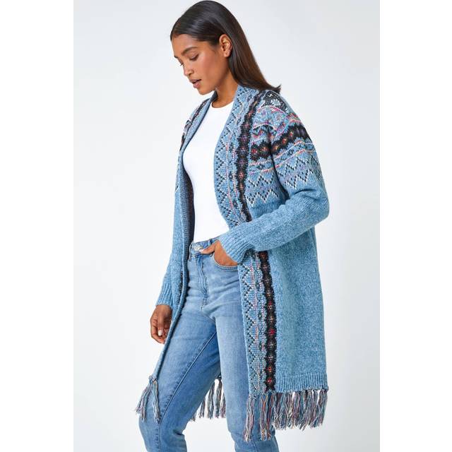 Roman Womens Fringed Hem Longline Cardigan - Sky Blue Denim - Size 16 UK