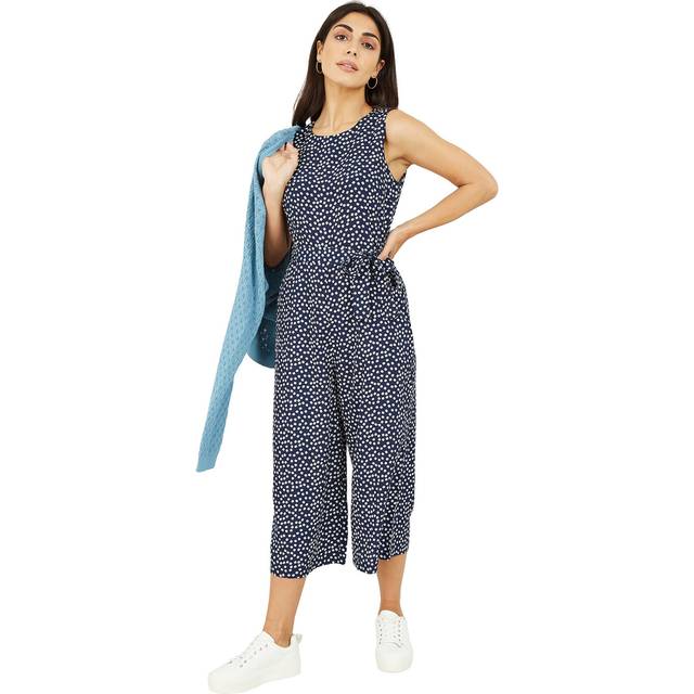 Mela ditsy daisy sleeveless culotte jumpsuit - navy blue