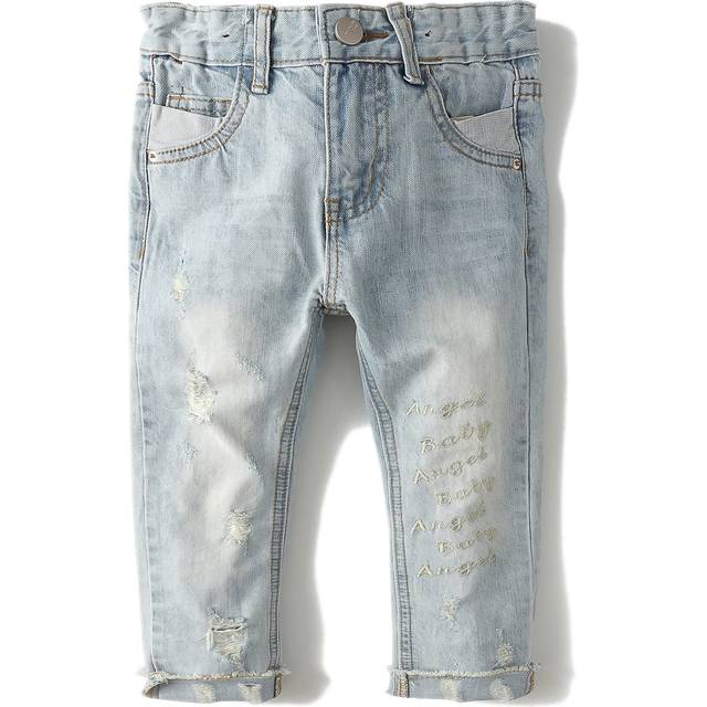 KIDSCOOL SPACE Baby Girl Boy Jean D Ring Elastic Band Inside Ripped Denim Pants Light Blue 3-4 Years