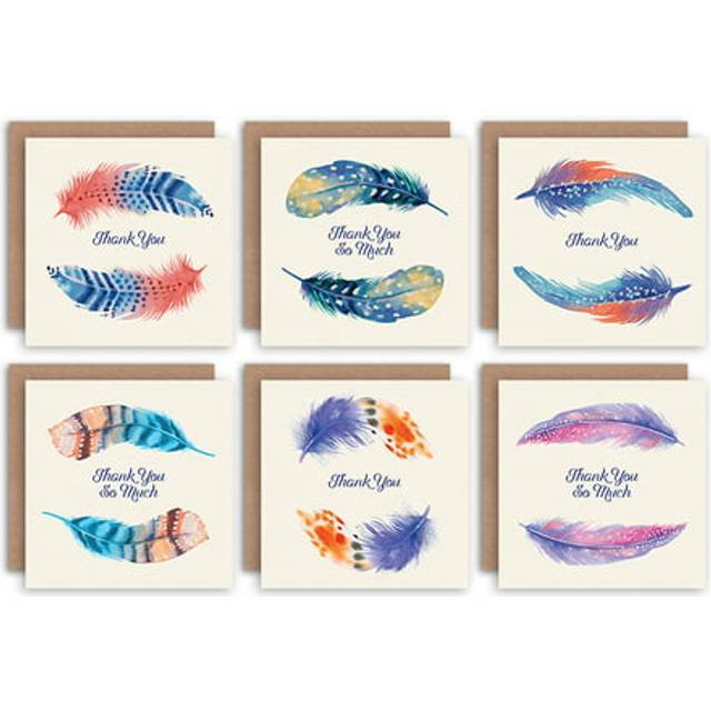 Thank You Cards Watercolour Feathers Multicoloured Greeting Cards With Envelopes Pack of 6 - Blue - One Size