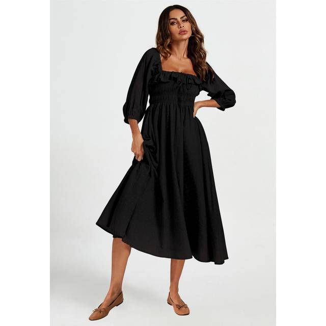 Frill Detail Square Neckline Midi Dress In Black - XS