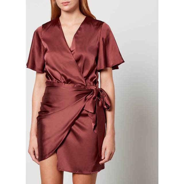 Never Fully Dressed Vienna Satin Mini Wrap Dress - M - Brown