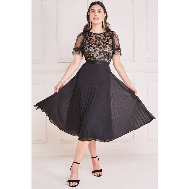 Embroidered Top Chiffon Pleated Midi - Black by Goddiva - 12
