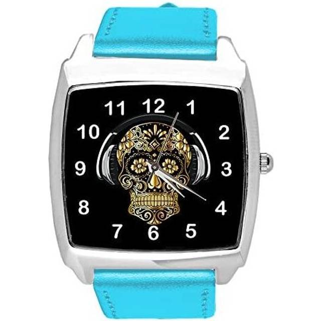 TAPORT Blue Leather Quartz Square Watch for Skulls Fans