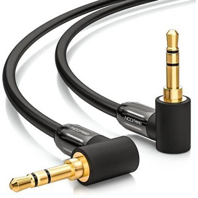 deleyCON 1m Jackkabel 3,5mm AUX Kabel Stereo Ljudkabel Jackkontakt 90° Vinklad för PC Laptop Mobiltelefon Smartphone Sufrplatta Bil Hi-Fi-Mottagare Svart