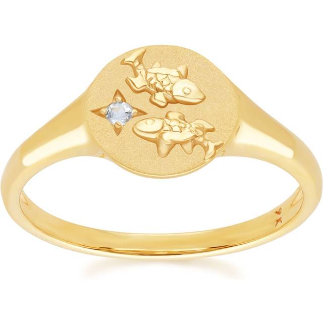 Zodiac Aquamarine Pisces Signet Ring In 9ct Yellow Gold