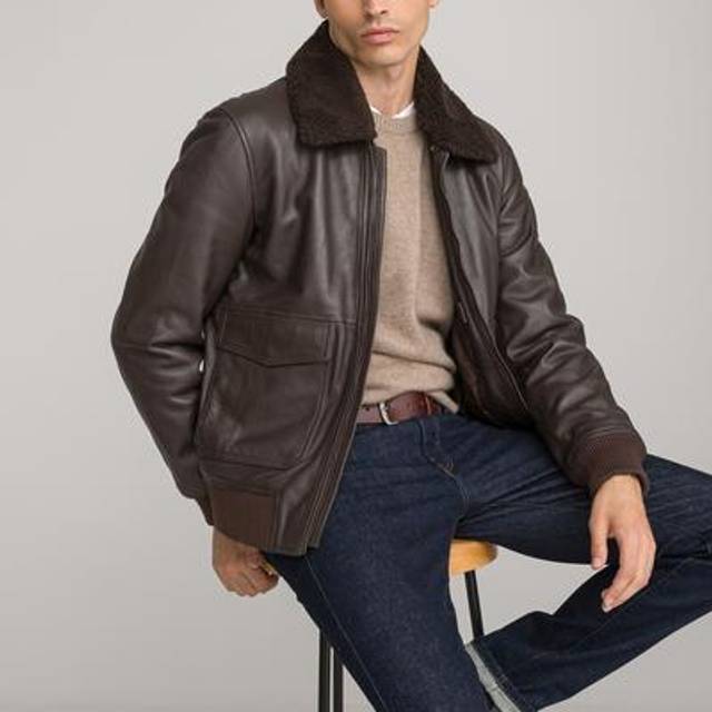 Smooth Leather Aviator Jacket with Sherpa Collar - copper red