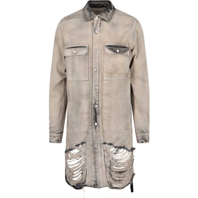 Distressed Denim Overshirt with Fringed Hem size 48 (48)
