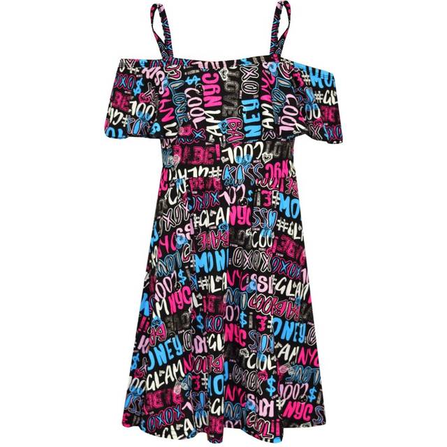 (7-8 Years) Girls Skater Dress Kids Cool Graffiti Summer Party Off Shoulder Dresses 7-13 Yr