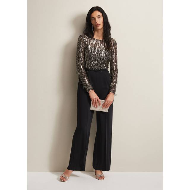 Phase Eight Women's Mariah Sequin Fringe Wide Leg Jumpsuit - Black - 20