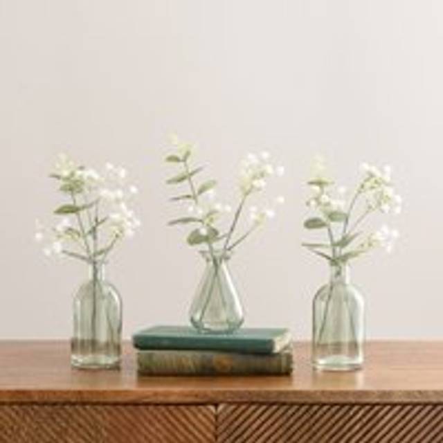 Artificial Set of 3 Eucalyptus and Gypsophila Stems in Glass Vases - Clear