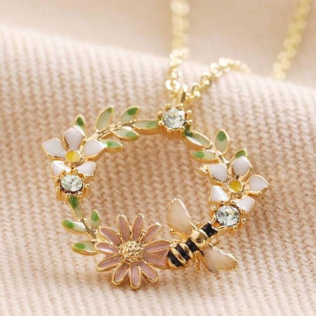 Crystal Flower and Enamel Bee Pendant Necklace in Gold - gold/pink/green - one size