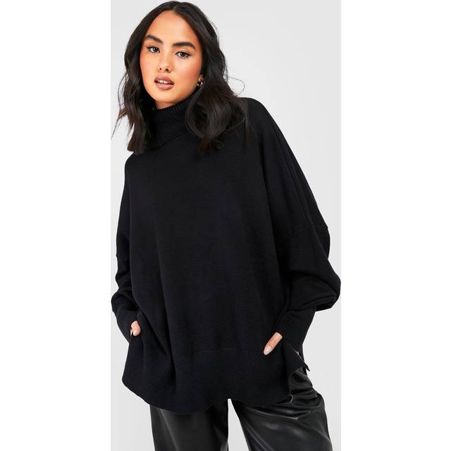 Womens Oversized Roll/Polo Neck Knitted Jumper - Black - S/M, Black
