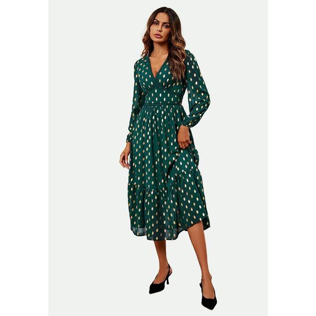 Gold Foil Lace Trim Long Sleeve Midi Dress - Green - XS