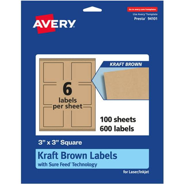 "Avery Kraft Brown Square Labels with Sure Feed  3"""""""" x 3""""""""  600 Kraft Brown Labels  Print-to-The-Edge  Laser/Inkjet Printable Labels"