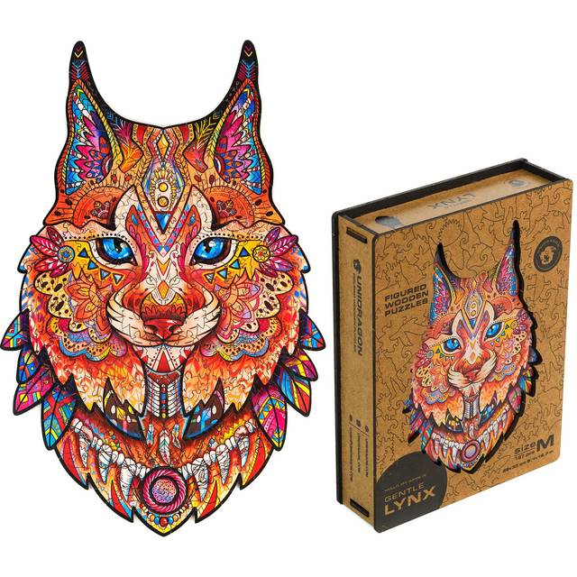 "UNIDRAGON Original Wooden Jigsaw Puzzles - Gentle Lynx  187 Pieces  Medium Size 8.4"""" ?12.7  Beautiful Gift Package  Unique Shape Best Gift"