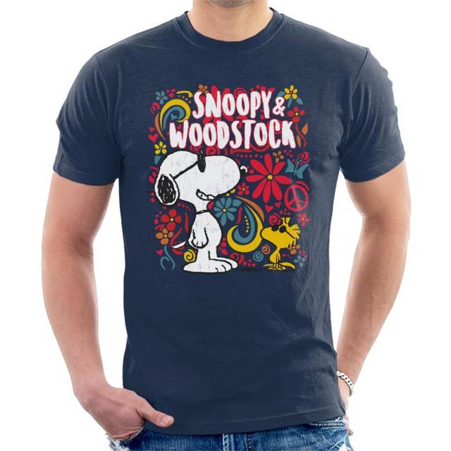 70s Floral Snoopy And Woodstock Peanuts T-Shirt - Navy - M