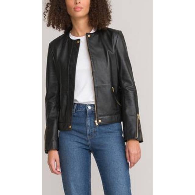Leather Collarless Jacket - Black - 6