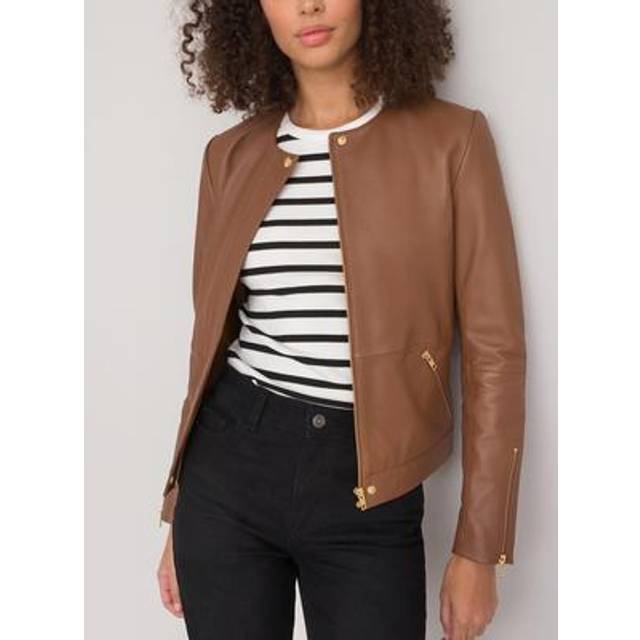 Leather Collarless Jacket - Dark Brown - 6