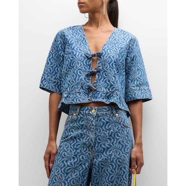 Ganni Tie-Front Jacquard-Denim Blouse - EU 42/UK 14 - Pink