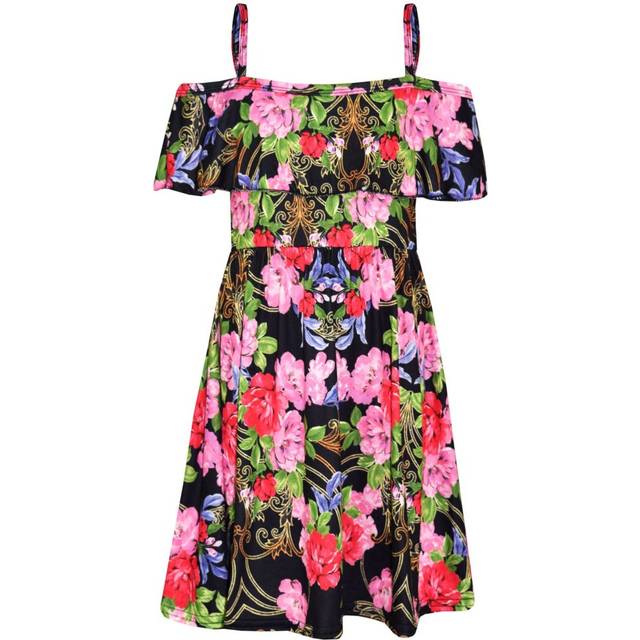 Girls skater dress kids pink & red floral summer party off shoulder dresses 7-13