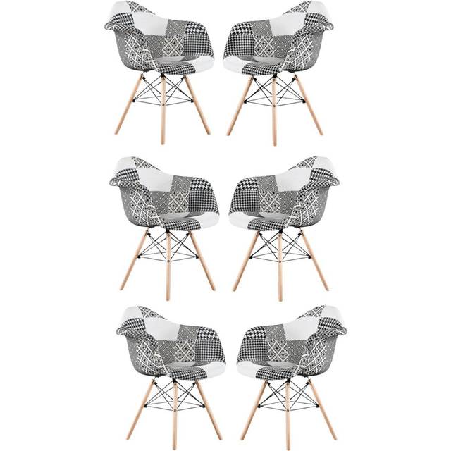 Set of 6 Patchwork Accent Chairs with Wooden Legs and Black Metal Wire Frame - Multi - One Size