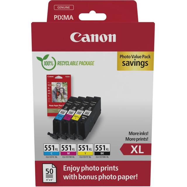 Canon CLI-551XL Inkjet Cartridges + Glossy Photo Paper Value Pack CMYK