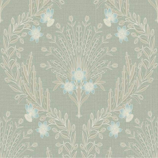 Grandeco Flora Damask Blown Sage Green Vinyl Wallpaper - 53 x 1005cm