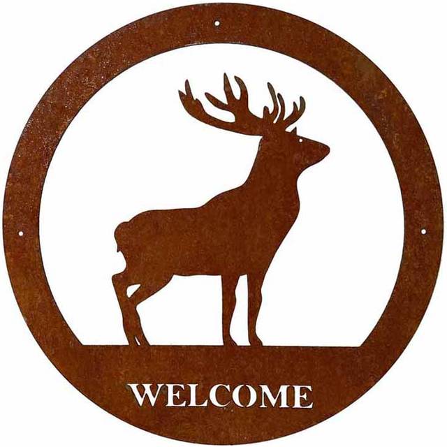 Stag Welcome Wall Art - Large - Steel - W49.5 x H49.5 cm - Bare Metal/Ready to Rust