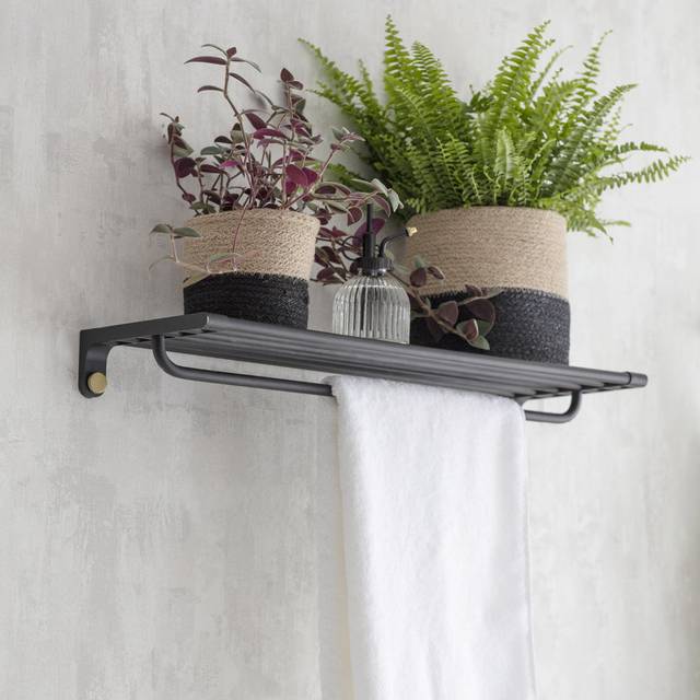 Adelphi matt black & brass bathroom metal steel shelf & towel rail bar holder