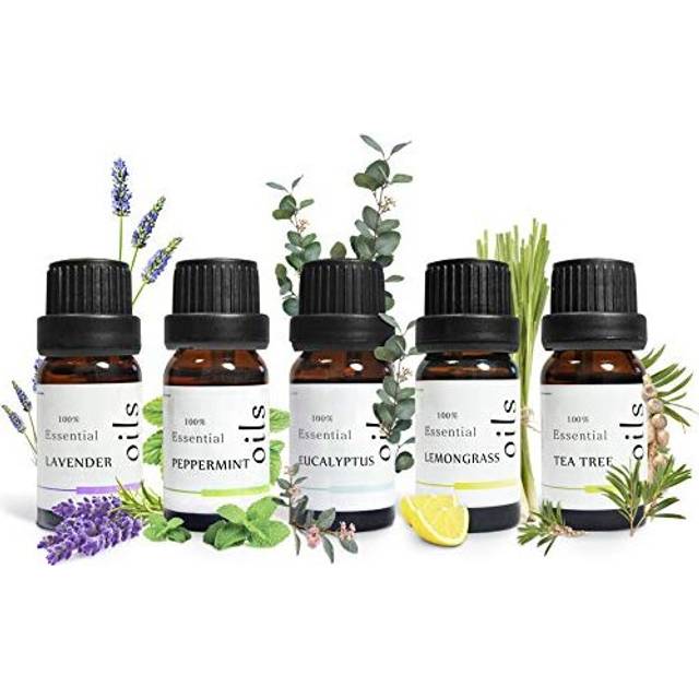 Essential Oils 100% Pure Organic 5x10ml (UK Company) Natural Diffuser Oils Aromatherapy Oil Peppermint Lavender Eucalyptus Tea Tree Lemon Grass
