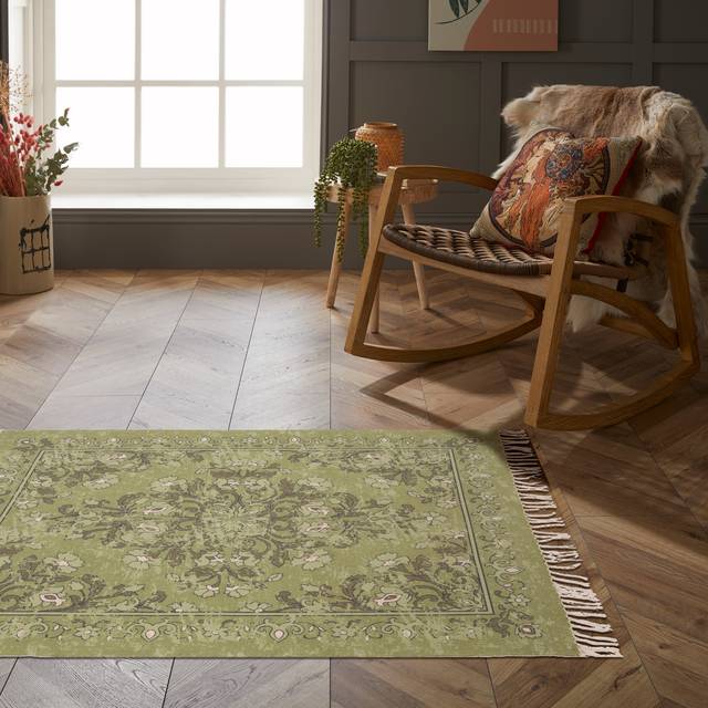 Kew Antique Printed Small Rug with Tassel - Olive - 120cm x 170cm