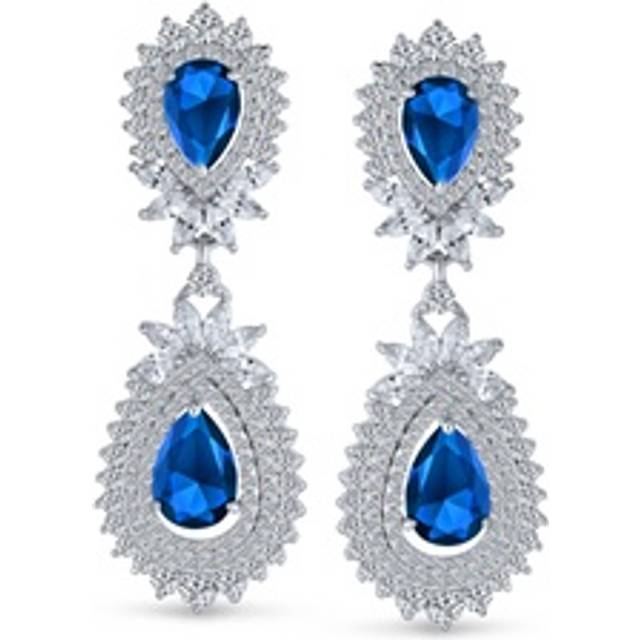 Bridal Fashion Vintage Art Deco Style Teardrop Shaped Halo AAA Cubic Zirconia Clear Royal Blue Statement Women Wedding Pageant Prom Silver Plating blue