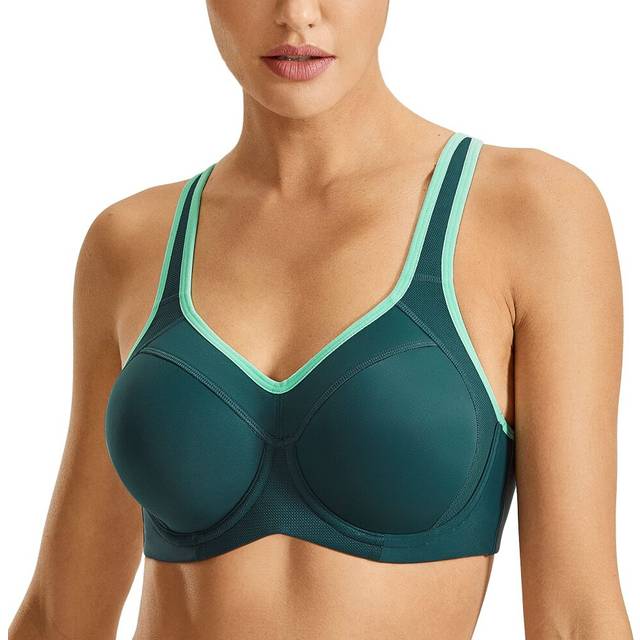 SYROKAN Womens Full Support High Impact Racerback Lightly Lined Underwire Sports Bra Spruce green 34E