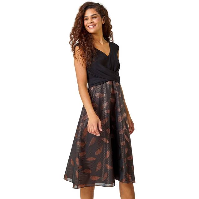 Metallic feather print skater dress for women uk - ladies roman originals