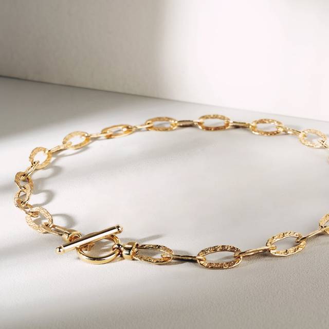 John Greed CANDY Cane Gold Plated Silver Hollow Textured Link T-Bar Necklace For Women - gold/silver