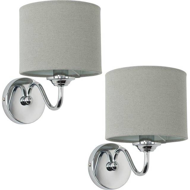 Valuelights - Rocha Pair of Modern Chrome Curved Arm Wall Light Fittings with Grey Linen Drum Shades