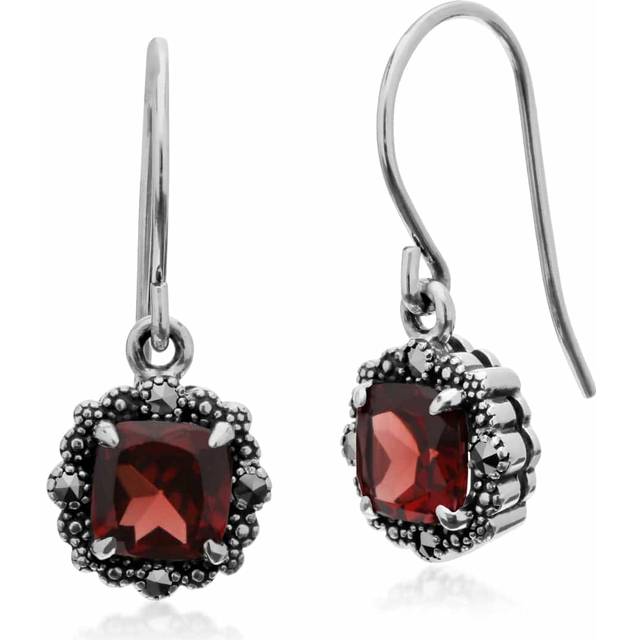 Art Deco Style Square Cushion Garnet & Marcasite Drop Earrings in 925 Sterling Silver