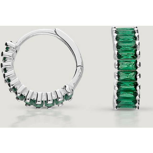 John Greed CANDY Cane Silver Emerald Green Stone Huggie Hoop Earrings For Women - green/silver