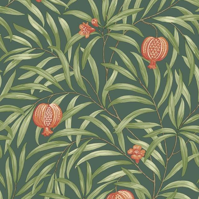 Belgravia Pomegranate Green Orange Wallpaper Leaf Botanical Modern Feature Wall