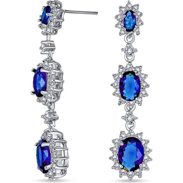 blue triple oval halo simulated sapphire CZ chandelier earrings with sparkling cubic zirconia in elegant silver plate for  Royal women blue