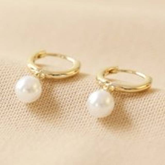 Glass Pearl Huggie Hoop Earrings in Gold - gold/white - one size