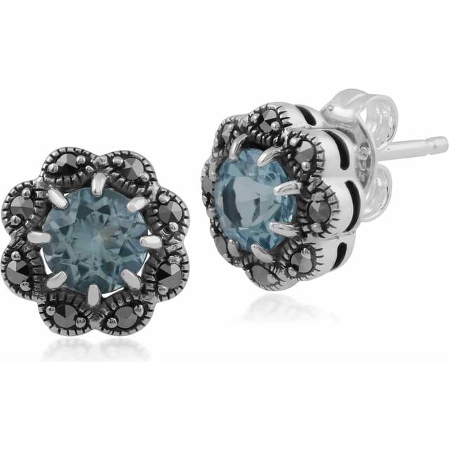Floral Round Blue Topaz & Marcasite Cluster Stud Earrings in 925 Sterling Silver