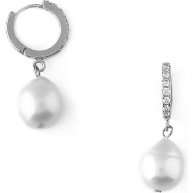 Orelia Pearl Drop Pave Huggie Hoop Earrings
