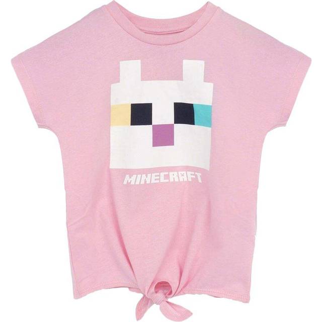 (11-12 Years, Pink/White) Minecraft Girls Cat Twisted Knot Front T-Shirt