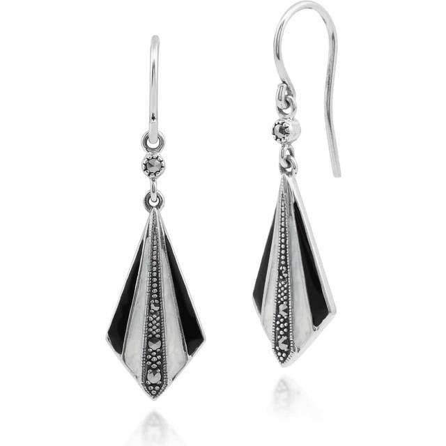 Art Deco Style Round Marcasite Black & White Enamel Fan Drop Earring in 925 Sterling Silver
